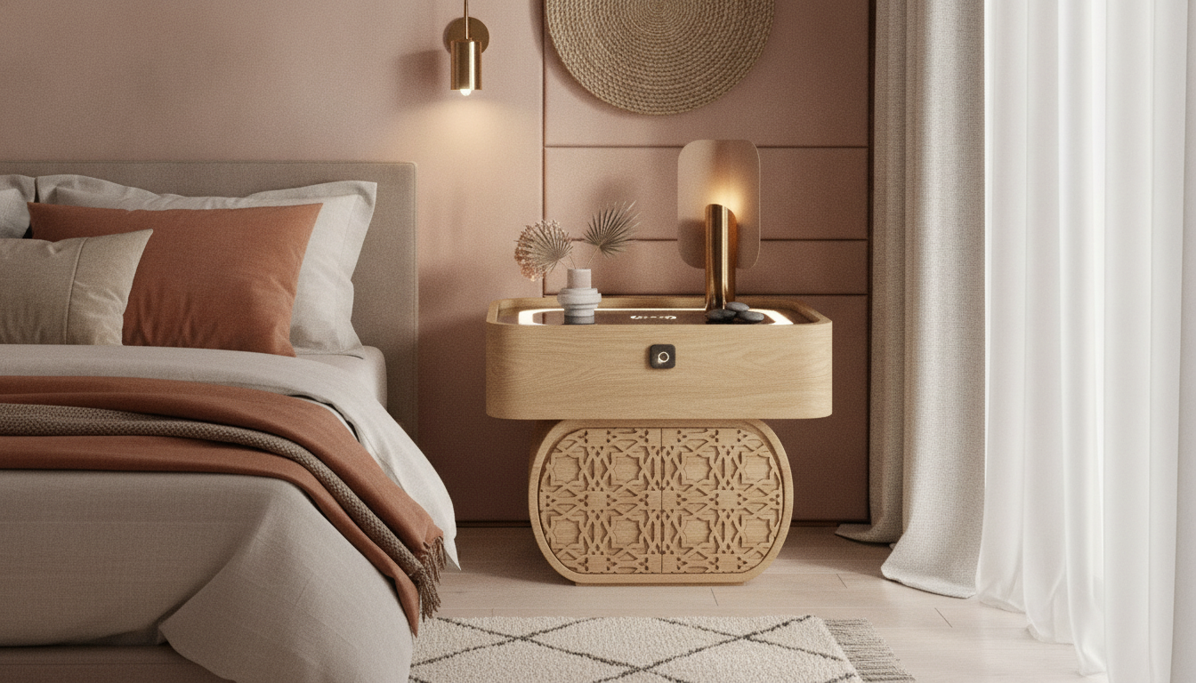 Modern Moroccan Minimalist Nightstand: Warm Wood, Calm Style