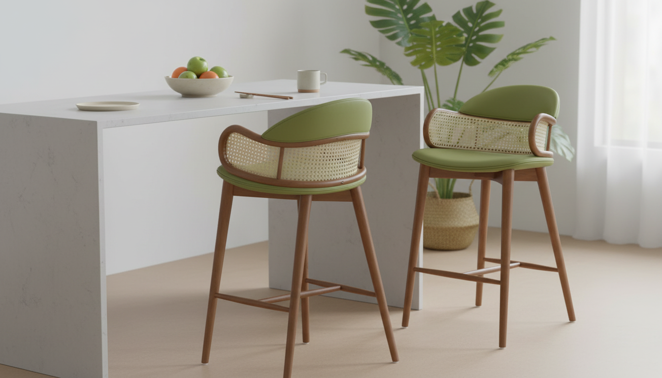 Solid Wood & Rattan Counter Chair with Handrails