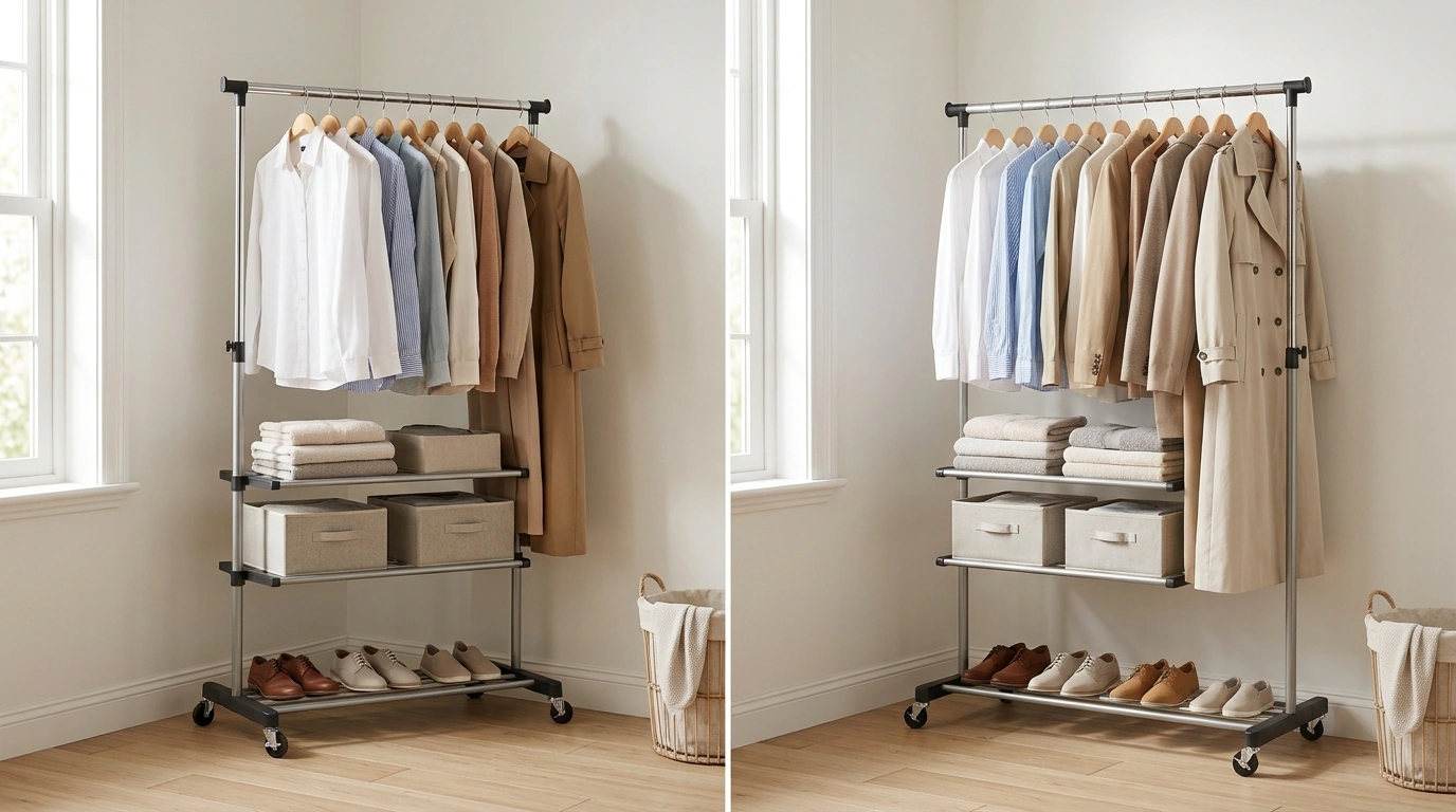 Mobile Garment Rack: Adjustable Height + 3 Tier Storage