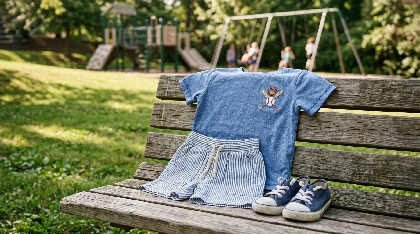 Boys Baseball Embroidery Set: Striped Drawstring Shorts