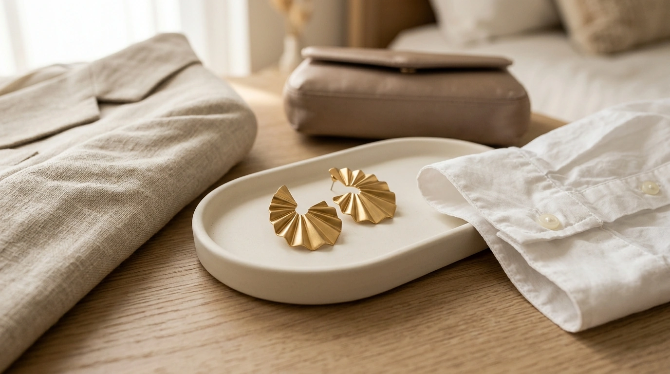 Lateefah Pleated Geometric Gold-Plated Earrings (Titanium)