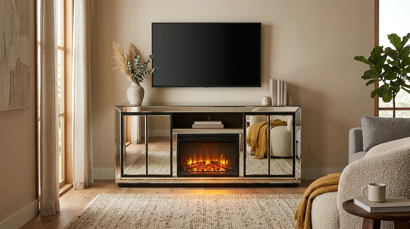 Mirrored Media Console: Fireplace + Sliding Door Storage