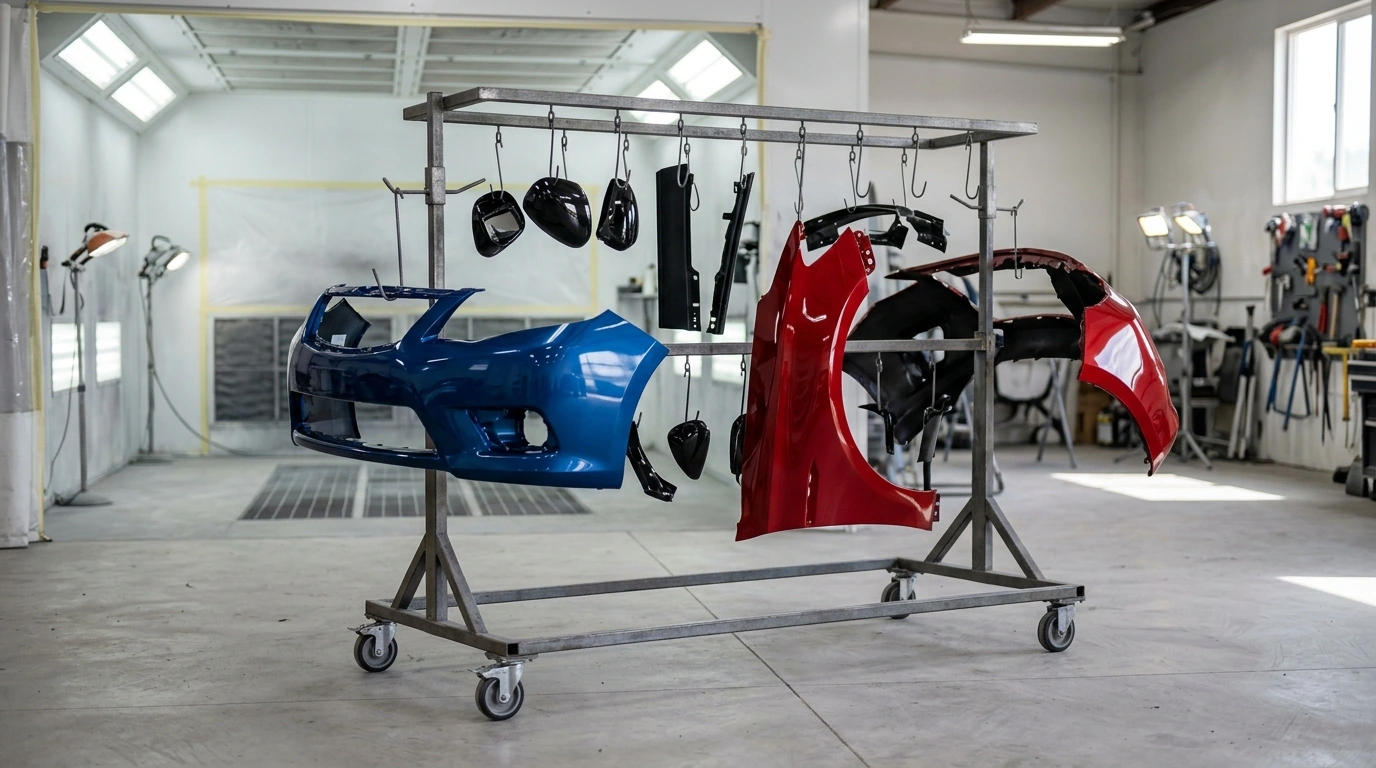 Mobile Paint Drying Rack for Auto Parts: Hooks & Wheels