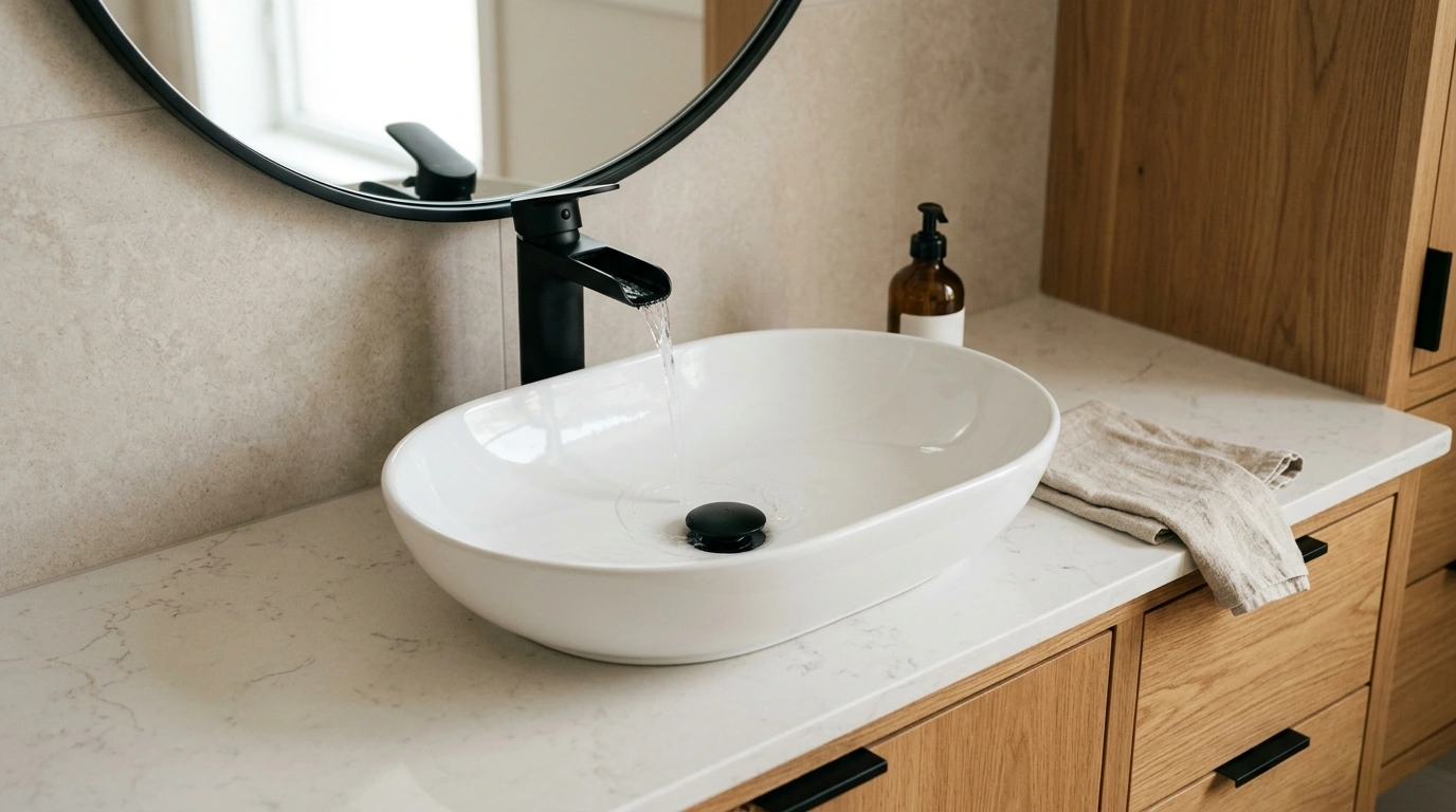 Oval Vessel Sink Set: Matte Black Waterfall Faucet