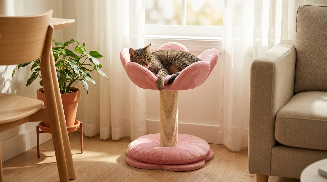 Pink Flower Cat Tree: Thick Sisal Post & Removable Perch