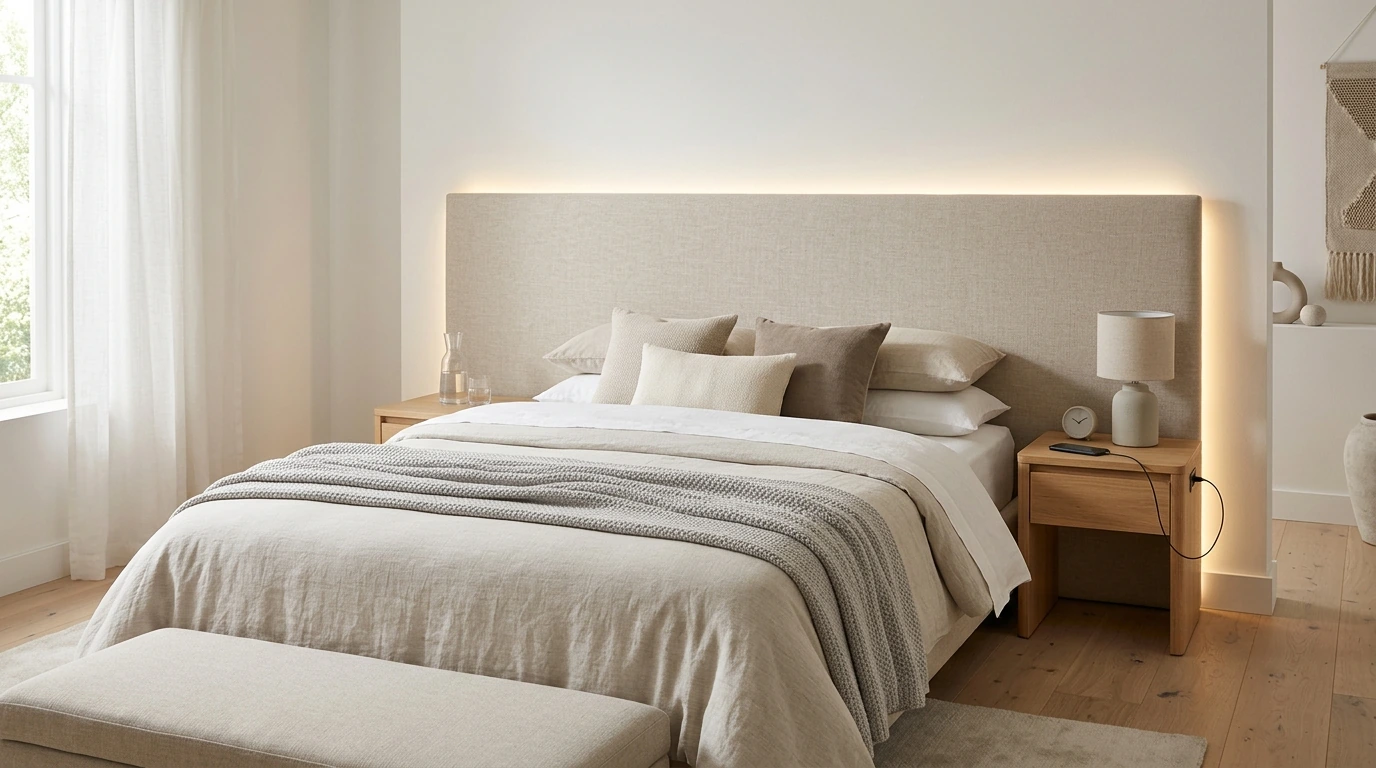 Queen Bed Frame: Tall Linen Headboard, LED & Charging