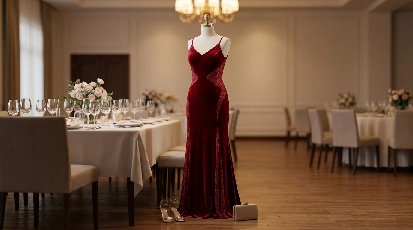 Red Velvet & Lace Spliced Dress for Banquets