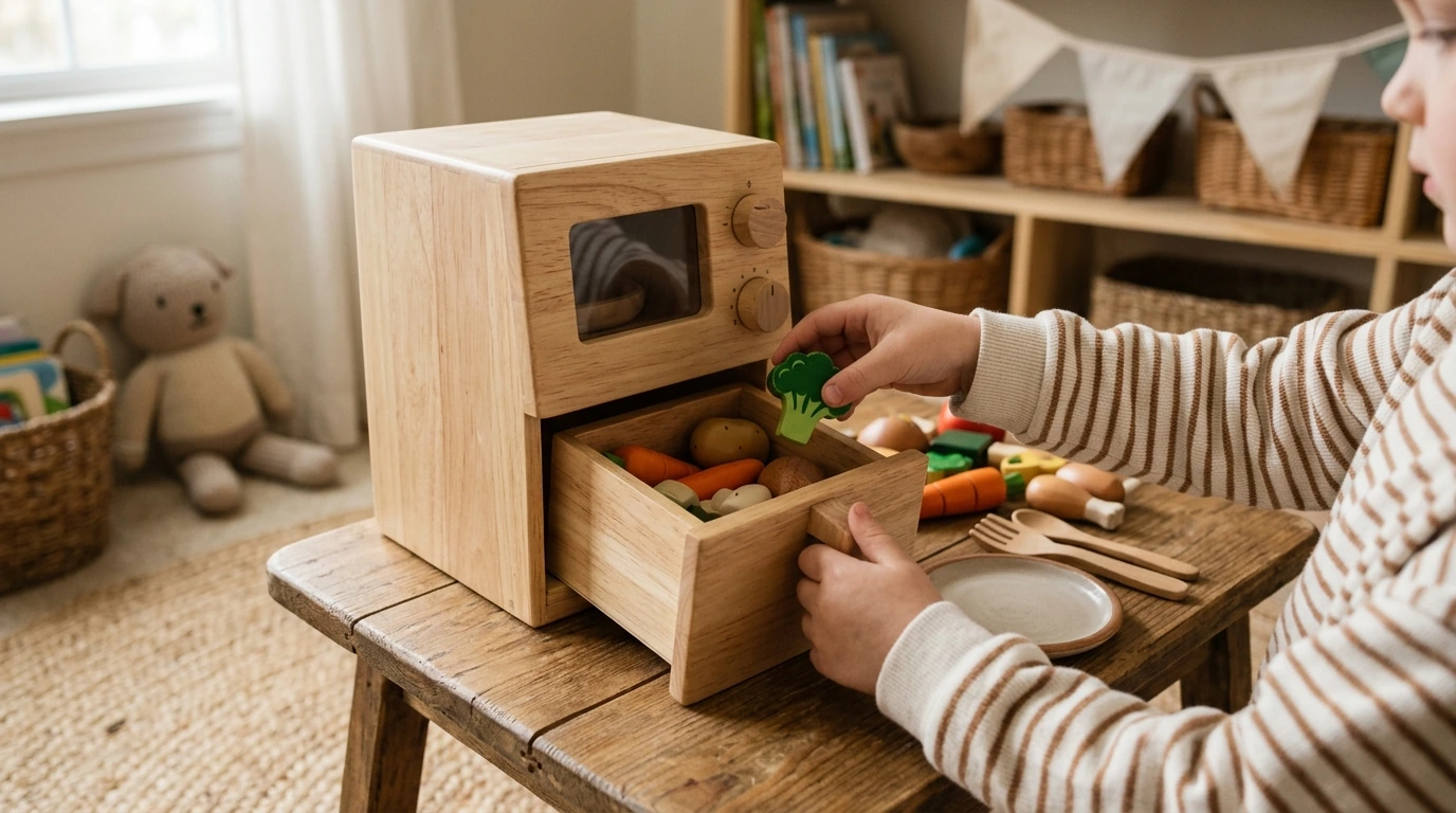 Wooden Air Fryer Pretend Cooking Set for Kids (With Accessories)