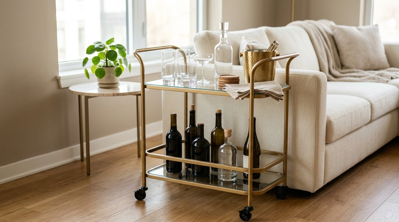 Gold Bar Cart: Lockable Wheels & Tempered Glass