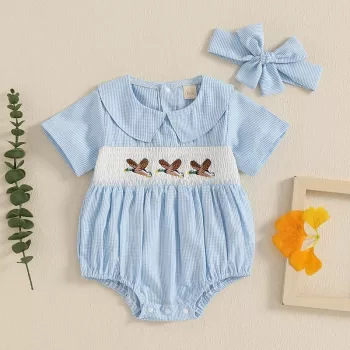 Duck Embroidered Baby Girl Summer Romper & Headband